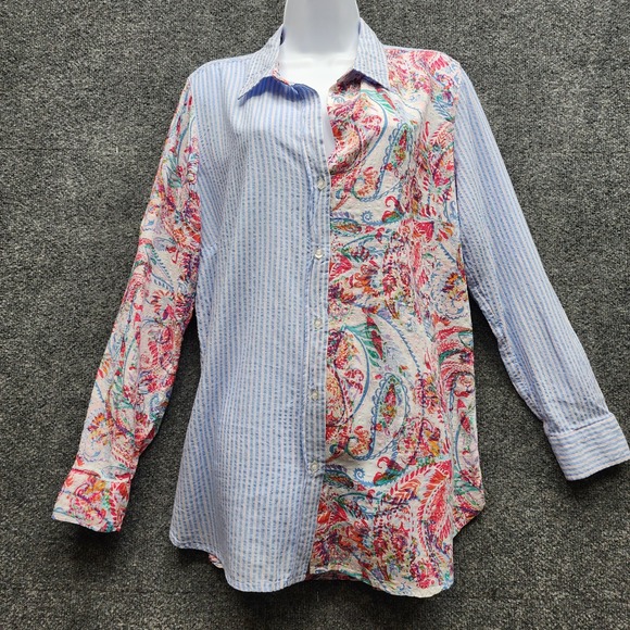 Westbound Tops - Westbound Women's Patchwork Stripe Paisley Cotton Rayon Button Up Shirt XL